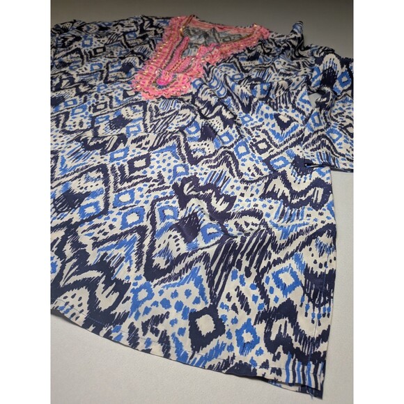 Lilly Pulitzer XL100% Silk Blue Renato Tunic Top Shirt Beaded Neckline Embellish - Picture 6 of 14